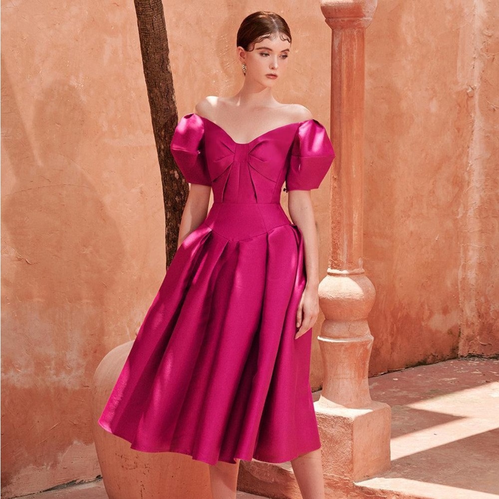 Meghan Fit and Flare Off-Shoulder Taffeta Midi Dress
